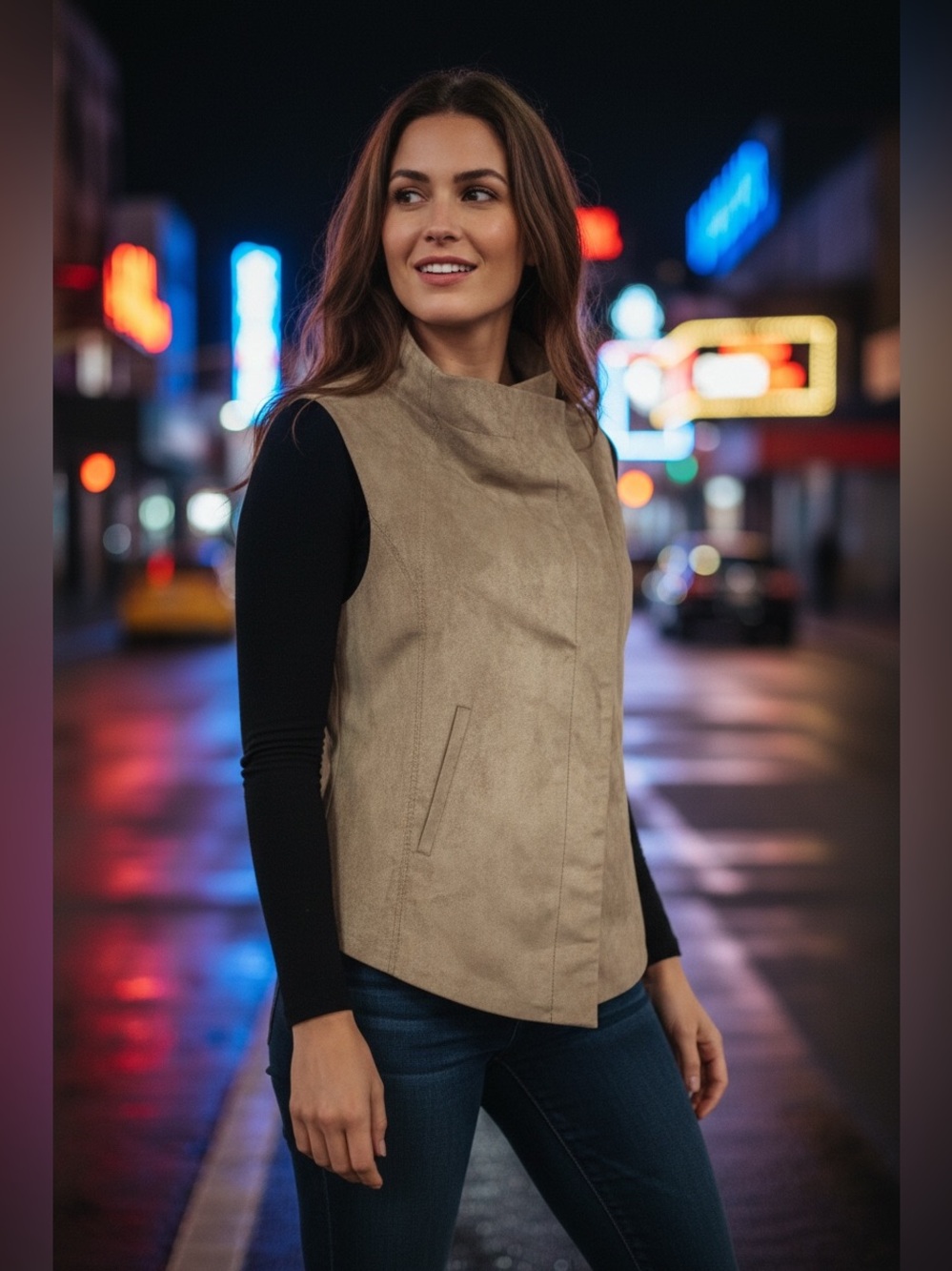 BCBGMaxAzria Sleeveless Faux Suede Vest in Taupe
